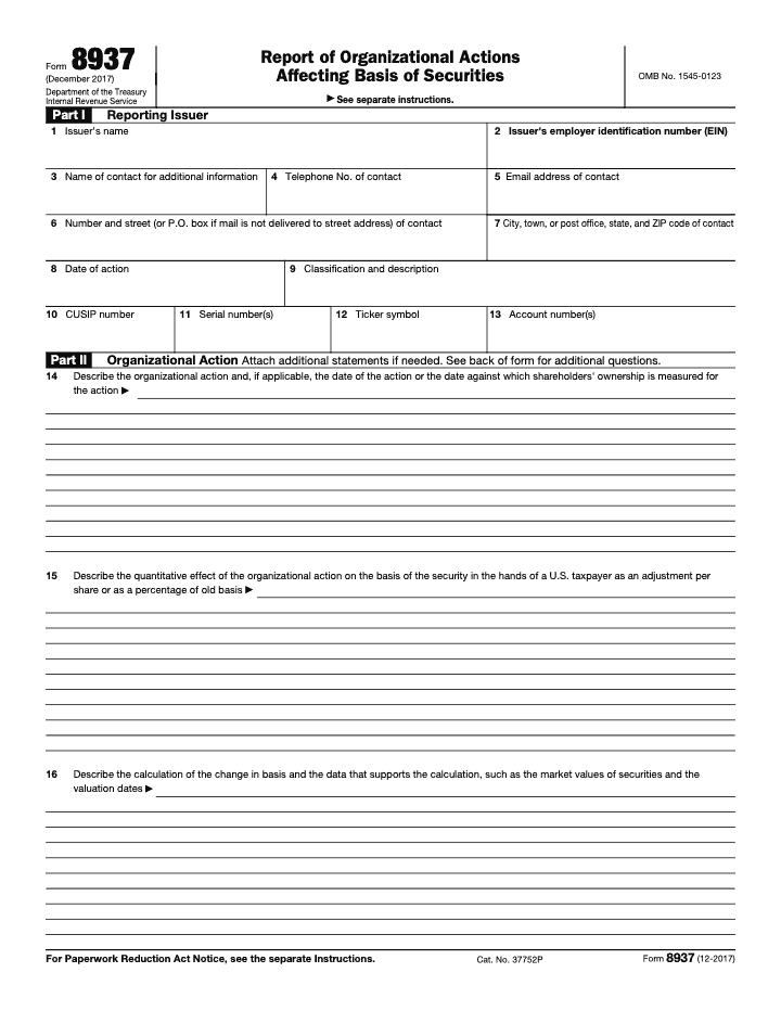Page 1 of 2 of the official IRS Form 8937 PDF (Rev. December 2017): Parts I, II