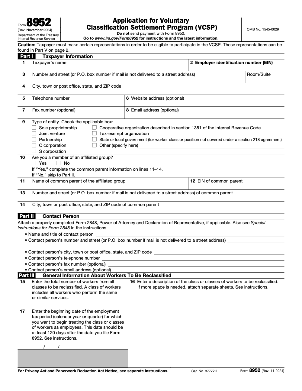 Page 1 of 2 of the official IRS Form 8952 PDF (Rev. November 2024): Parts V, I, II, III