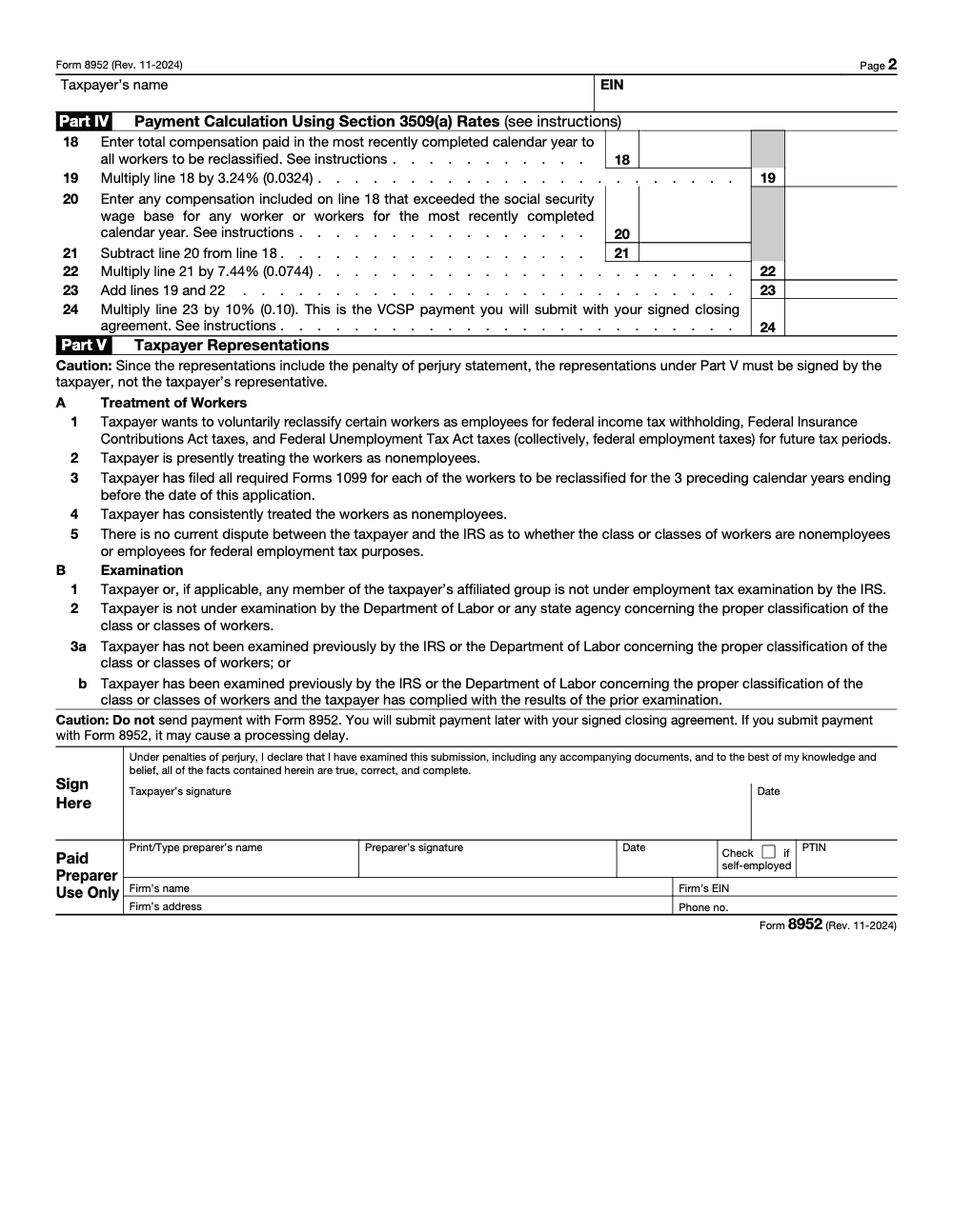 Page 2 of 2 of the official IRS Form 8952 PDF (Rev. November 2024): Parts IV, V