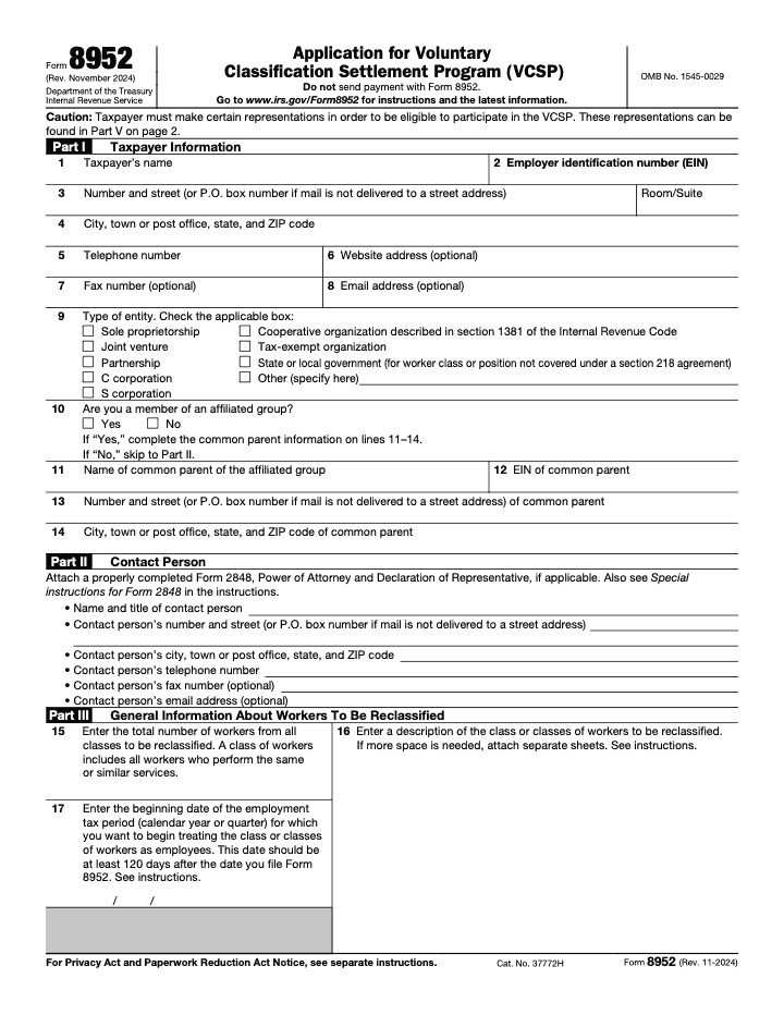Page 1 of 2 of the official IRS Form 8952 PDF (Rev. November 2024): Parts V, I, II, III