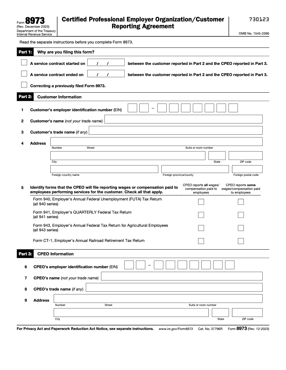 Page 1 of 3 of the official IRS Form 8973 PDF (Rev. December 2023): Parts 1, 2, 3