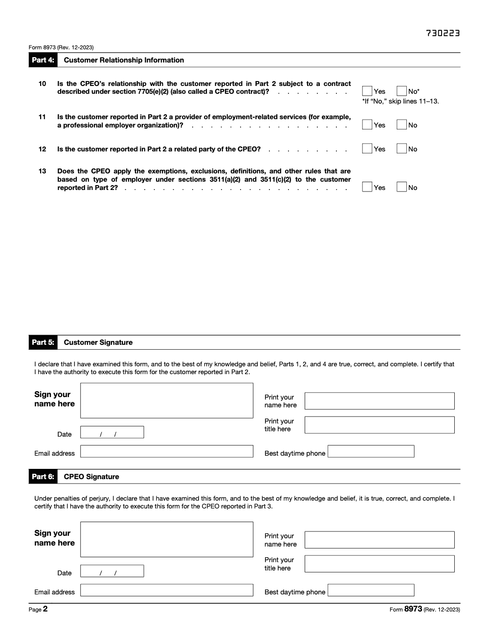 Page 2 of 3 of the official IRS Form 8973 PDF (Rev. December 2023): Parts 4, 2, 5, 6, 3