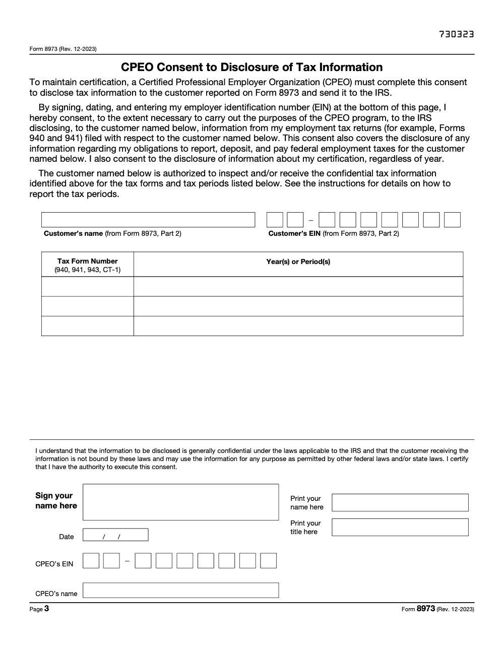 Page 3 of 3 of the official IRS Form 8973 PDF (Rev. December 2023): Part 2