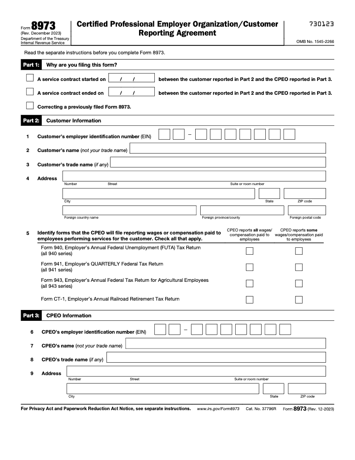 Page 1 of 3 of the official IRS Form 8973 PDF (Rev. December 2023): Parts 1, 2, 3