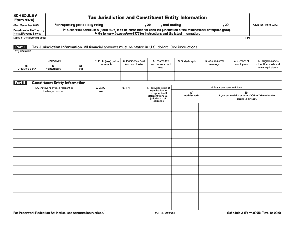 Page 1 of 2 of the official IRS Form 8975 Schedule A PDF (Rev. December 2020): Parts I, II