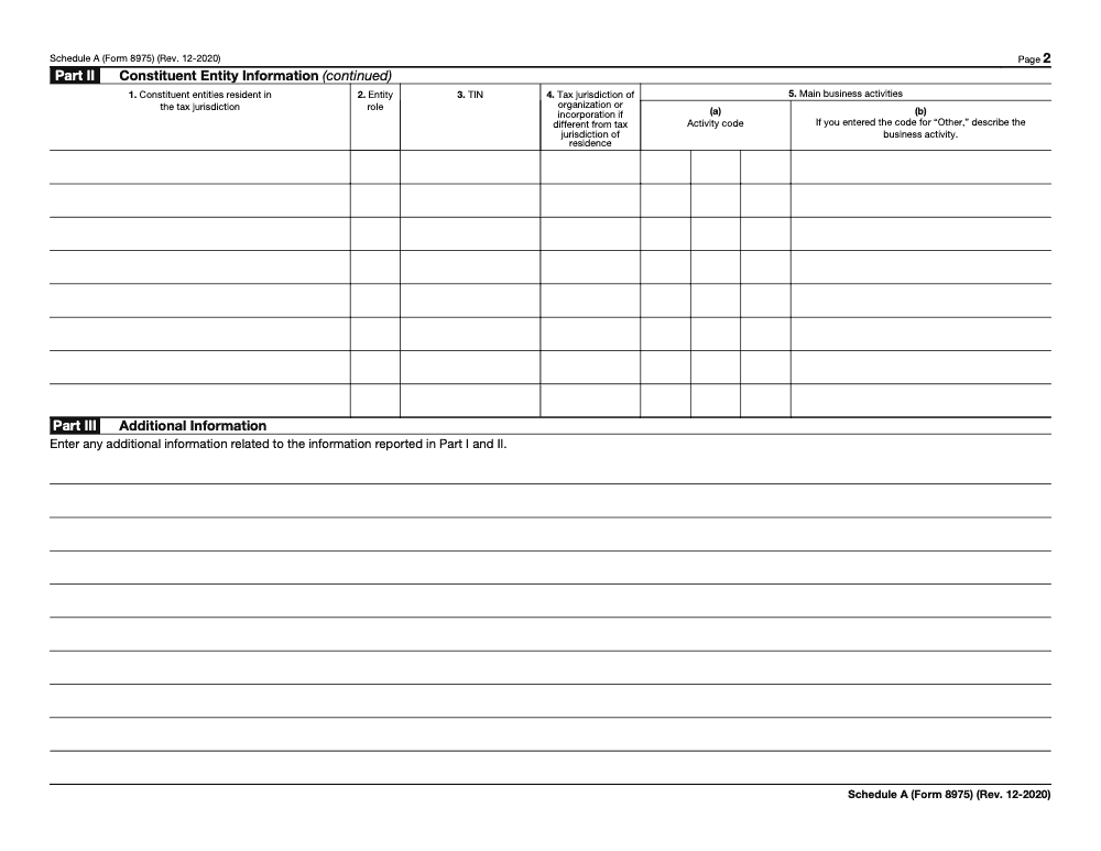 Page 2 of 2 of the official IRS Form 8975 Schedule A PDF (Rev. December 2020): Parts II, III, I
