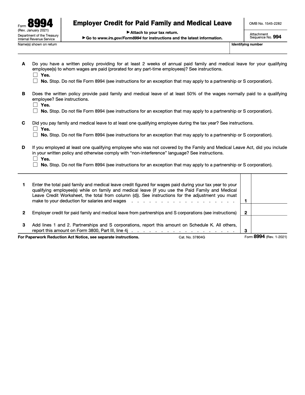 Page 1 of 1 of the official IRS Form 8994 PDF (Rev. January 2021): Part III
