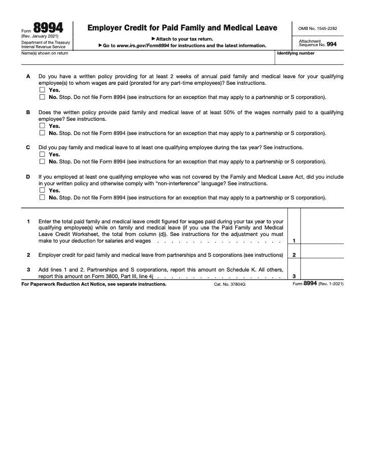 Page 1 of 1 of the official IRS Form 8994 PDF (Rev. January 2021): Part III