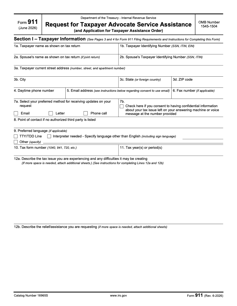 Page 1 of 4 of the official IRS IRS Form 911 PDF (Rev. June 2026)