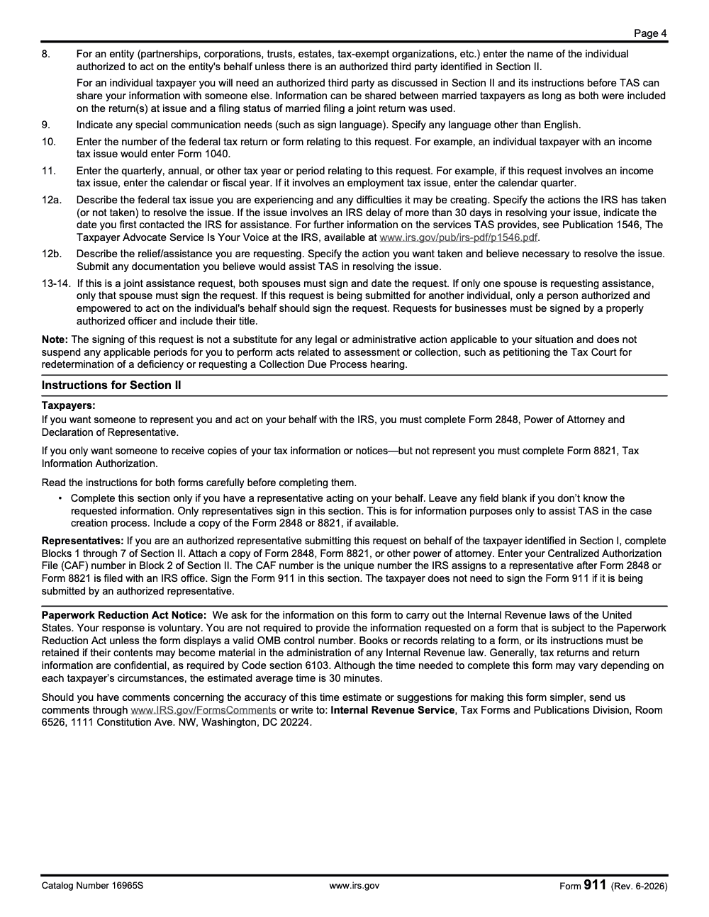 Page 4 of 4 of the official IRS IRS Form 911 PDF (Rev. June 2026)