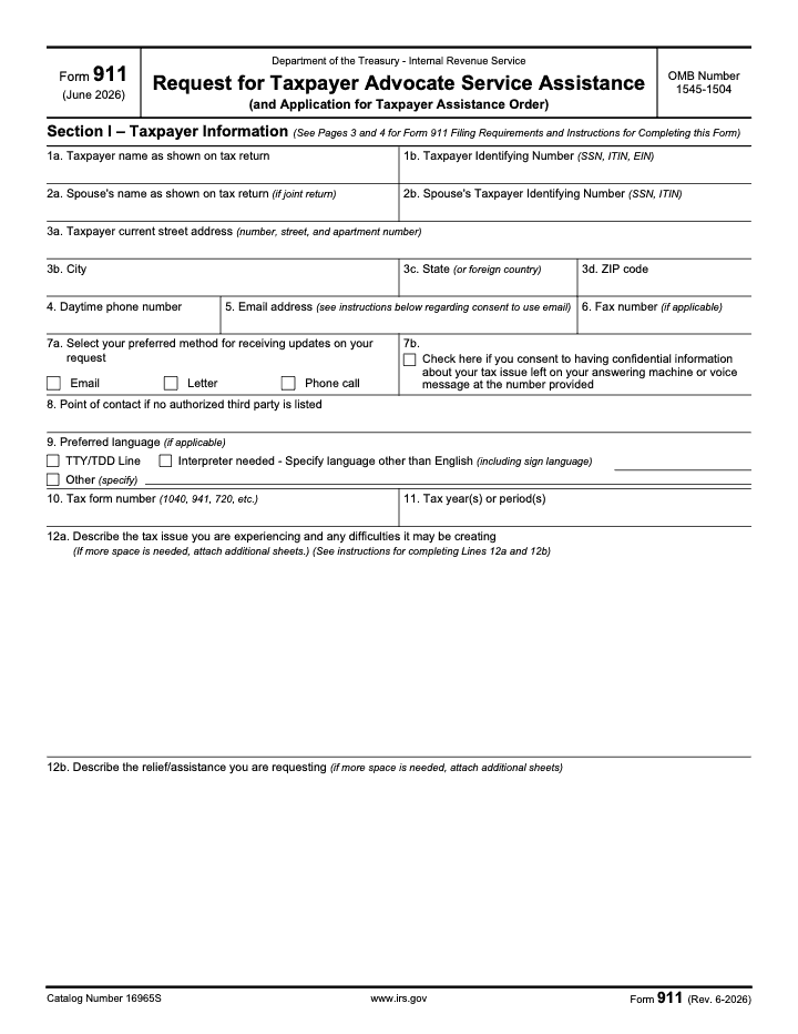 Page 1 of 4 of the official IRS IRS Form 911 PDF (Rev. June 2026)
