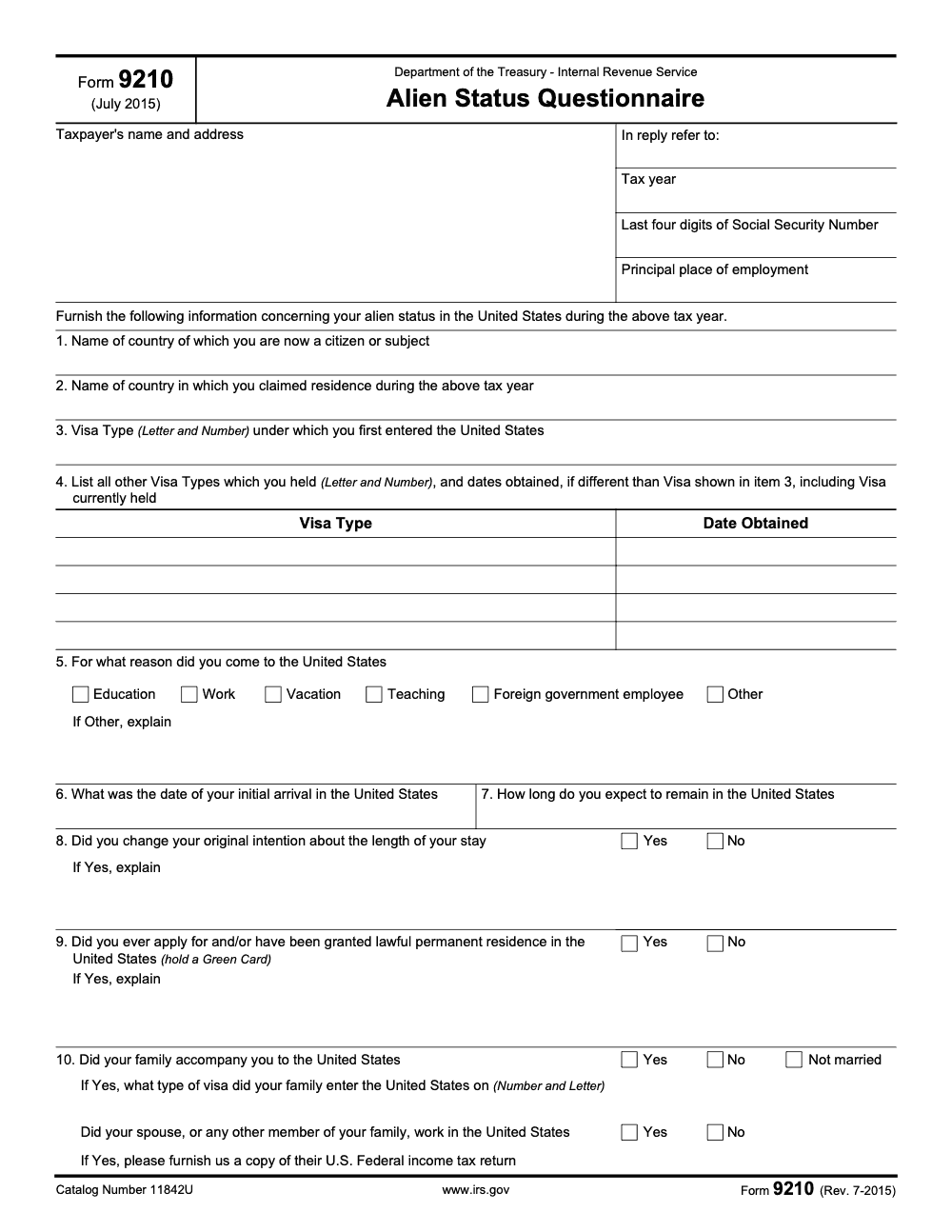 Page 1 of 2 of the official IRS Form 9210 PDF (Rev. July 2015)