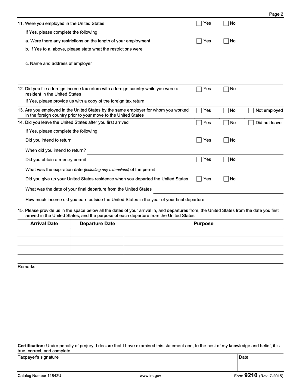 Page 2 of 2 of the official IRS Form 9210 PDF (Rev. July 2015)