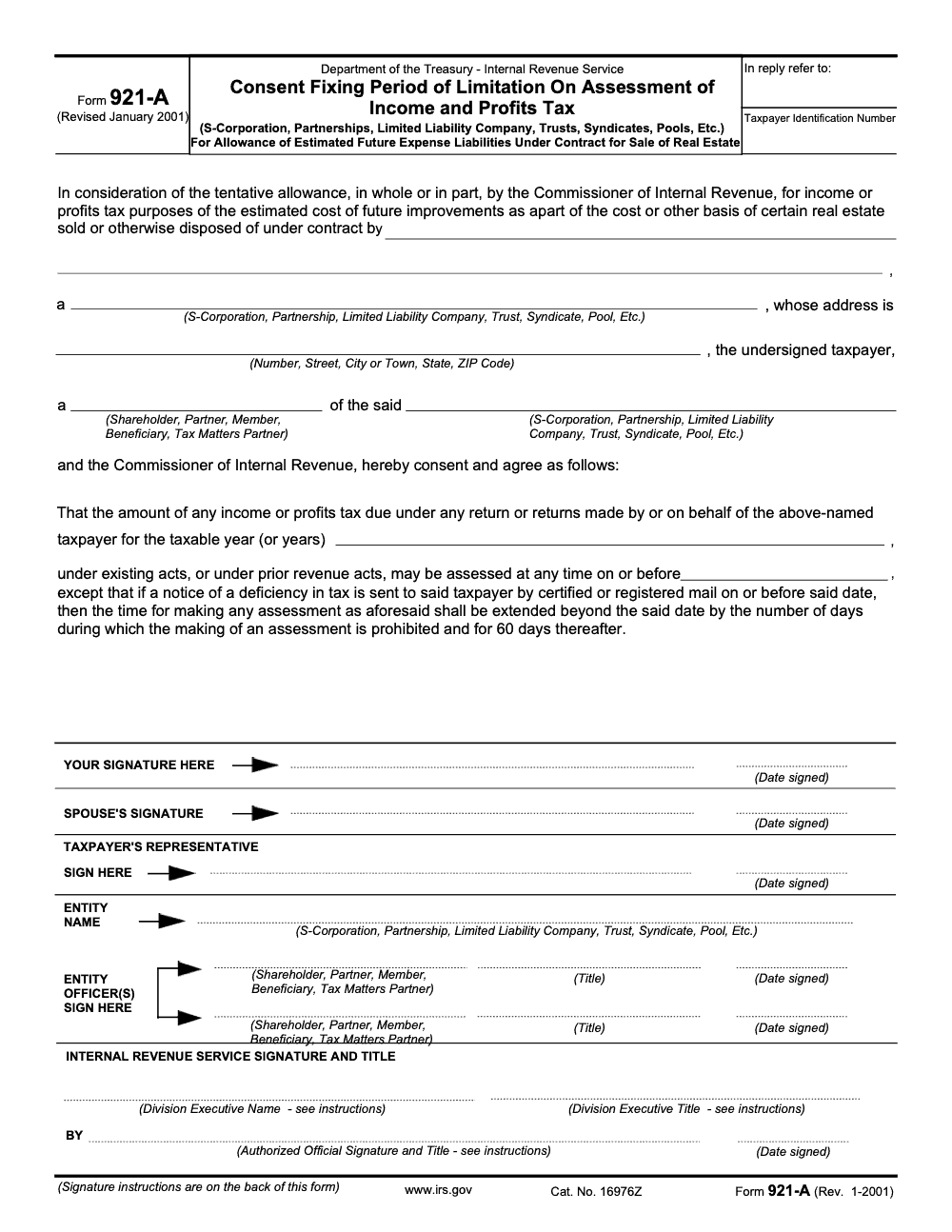 Page 1 of 2 of the official IRS Form 921-A PDF (Rev. January 2001)
