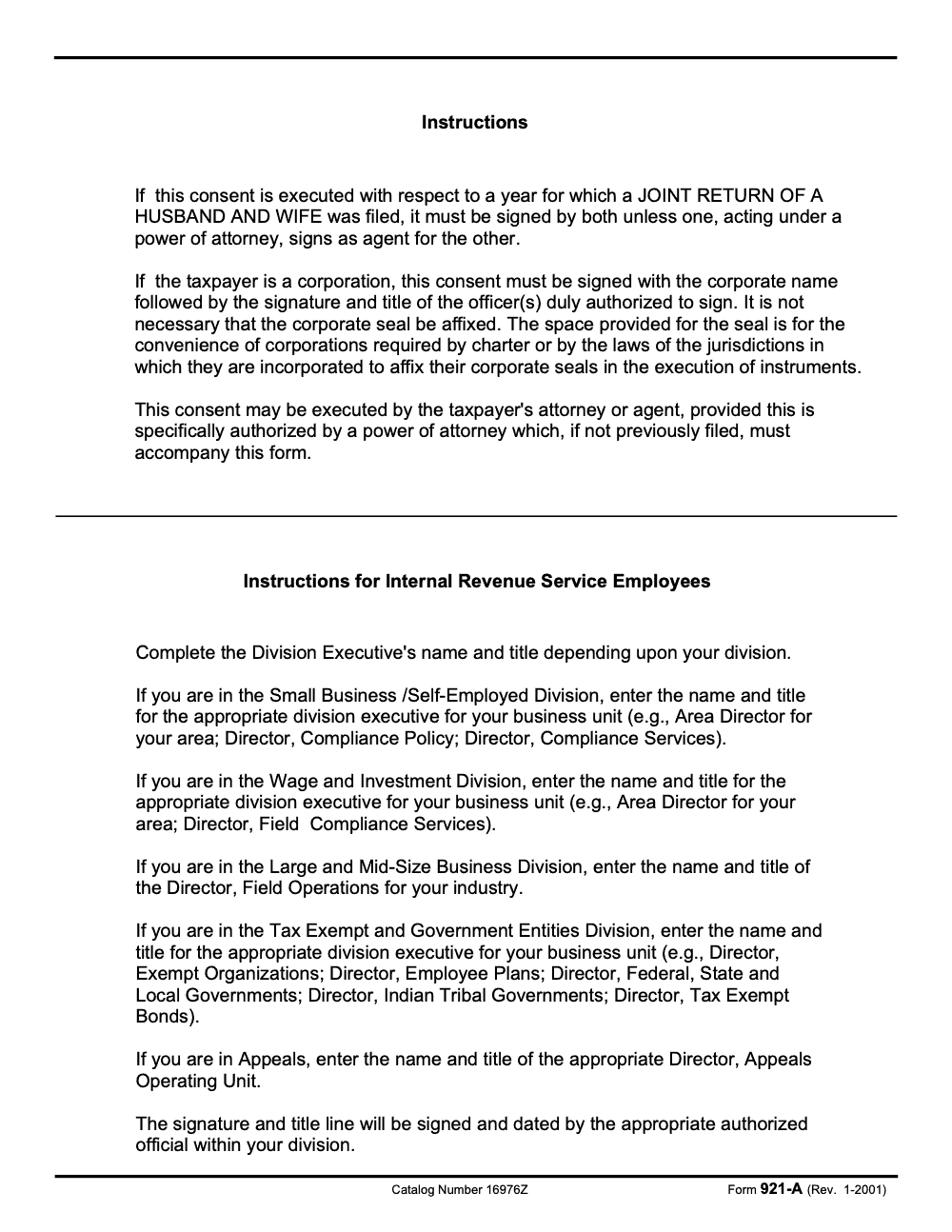 Page 2 of 2 of the official IRS Form 921-A PDF (Rev. January 2001)