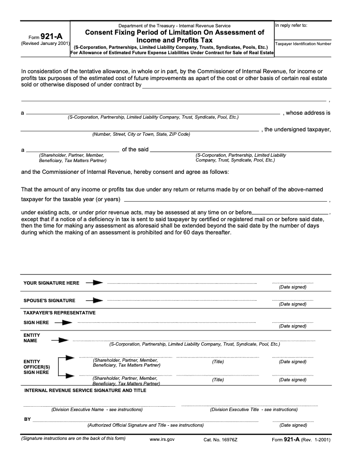 Page 1 of 2 of the official IRS Form 921-A PDF (Rev. January 2001)