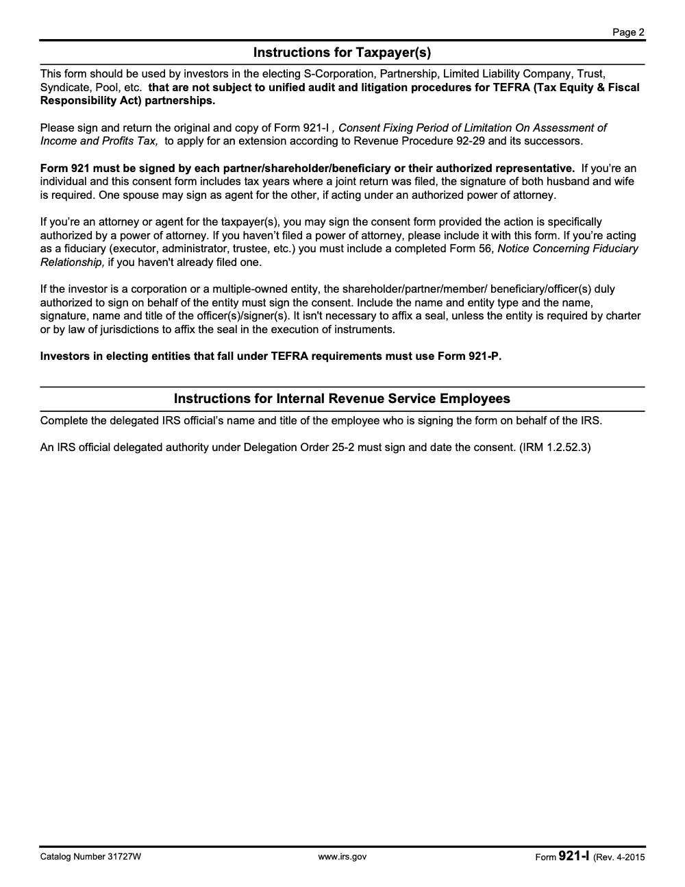 Page 2 of 2 of the official IRS IRS Form 921‑I PDF (Rev. April 2015)