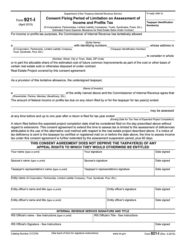 Page 1 of 2 of the official IRS IRS Form 921‑I PDF (Rev. April 2015)