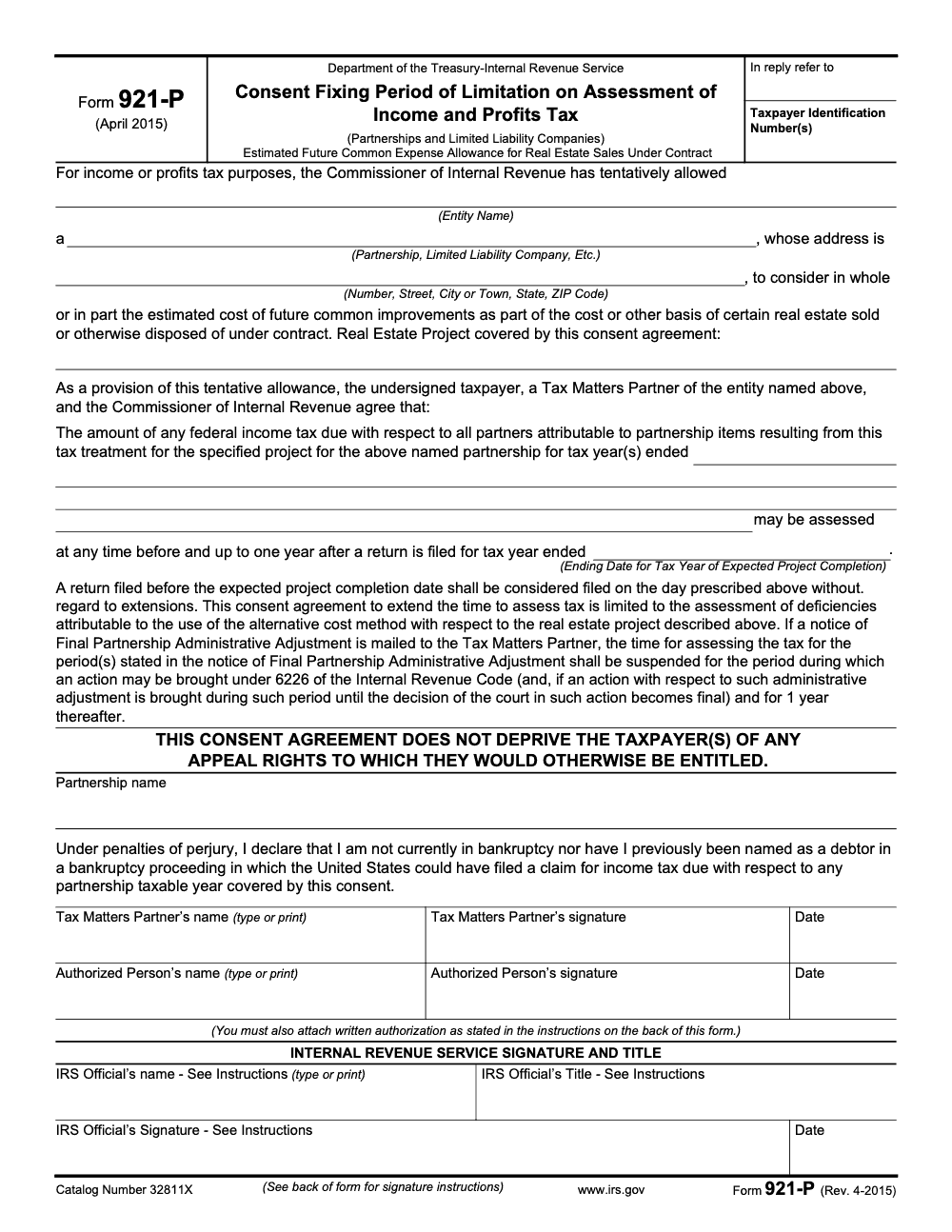 Page 1 of 2 of the official IRS Form 921-P PDF (Rev. April 2015)