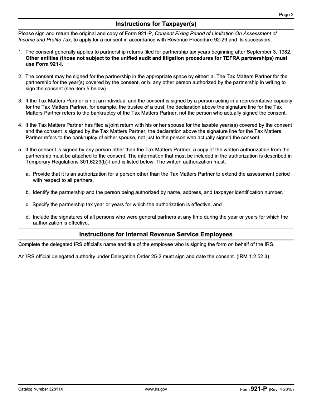 Page 2 of 2 of the official IRS Form 921-P PDF (Rev. April 2015)