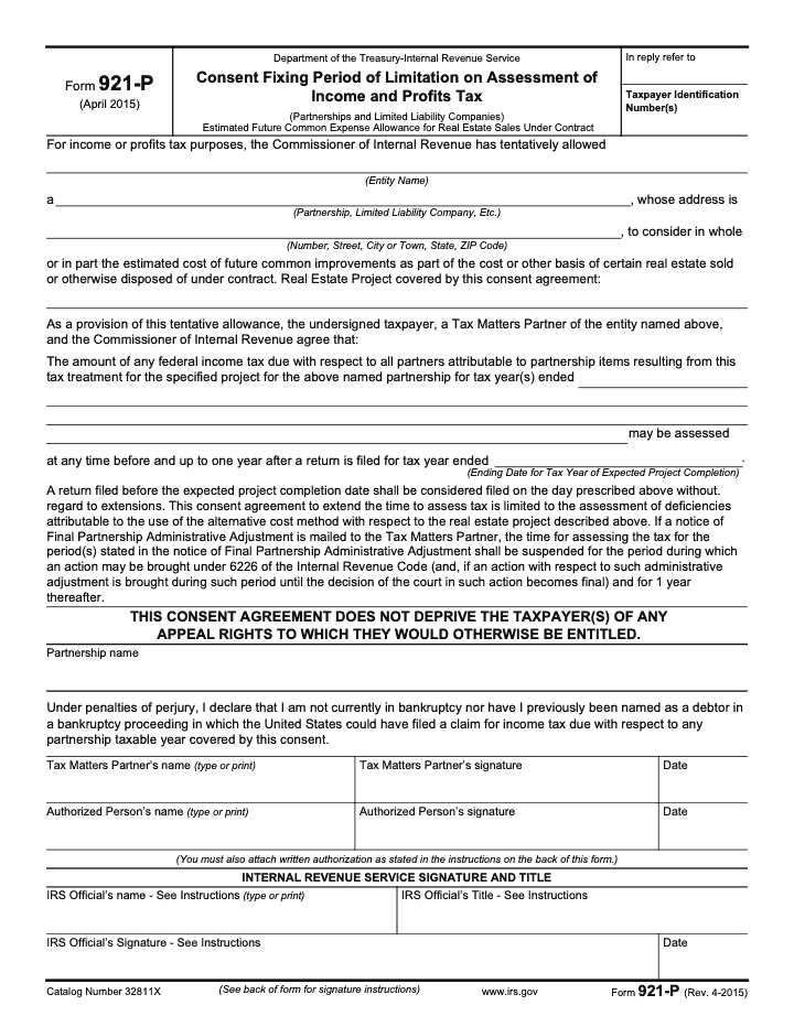 Page 1 of 2 of the official IRS Form 921-P PDF (Rev. April 2015)