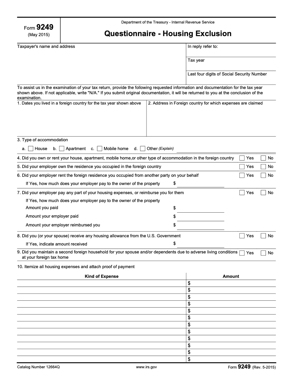 Page 1 of 2 of the official IRS Form 9249 PDF (Rev. May 2015)