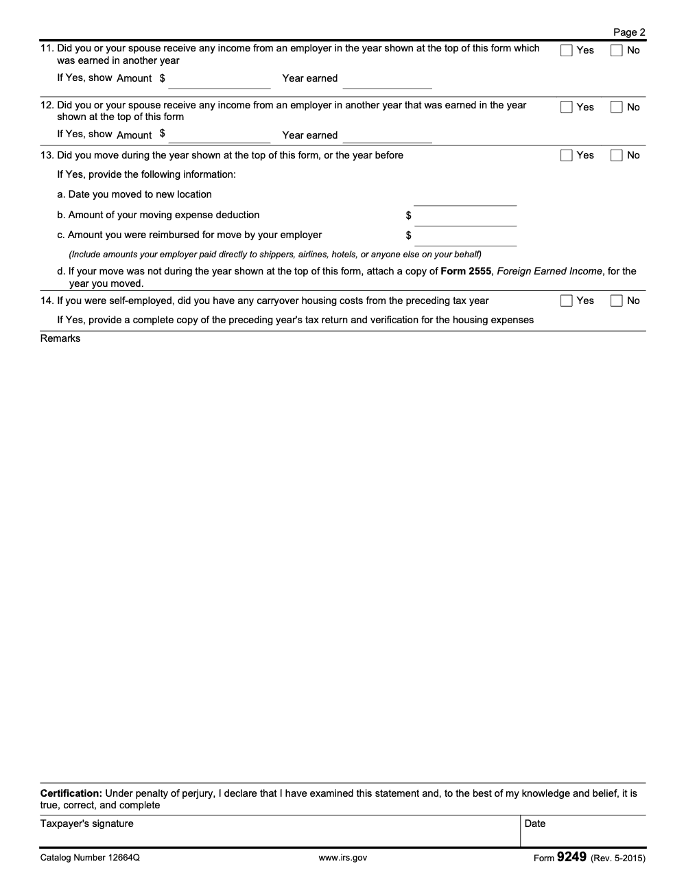 Page 2 of 2 of the official IRS Form 9249 PDF (Rev. May 2015)