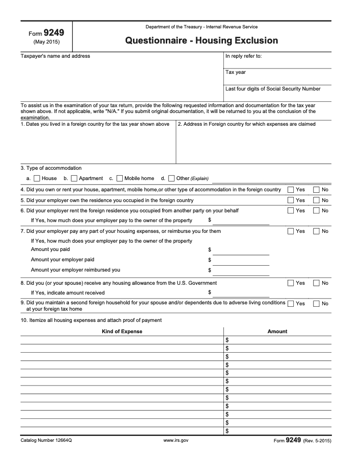 Page 1 of 2 of the official IRS Form 9249 PDF (Rev. May 2015)