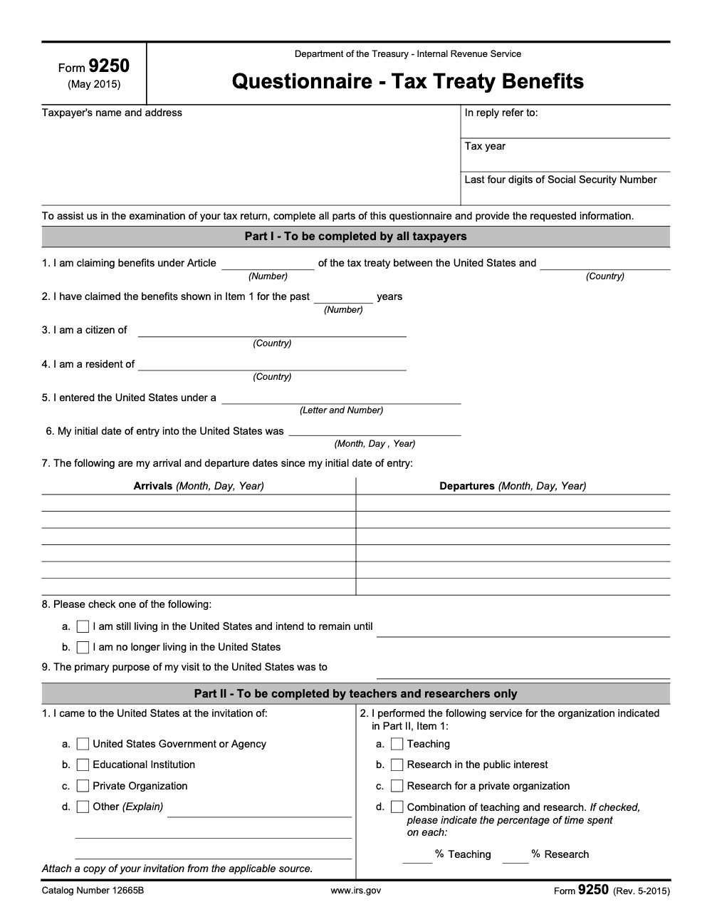 Page 1 of 2 of the official IRS Form 9250 PDF (Rev. May 2015): Parts I, II