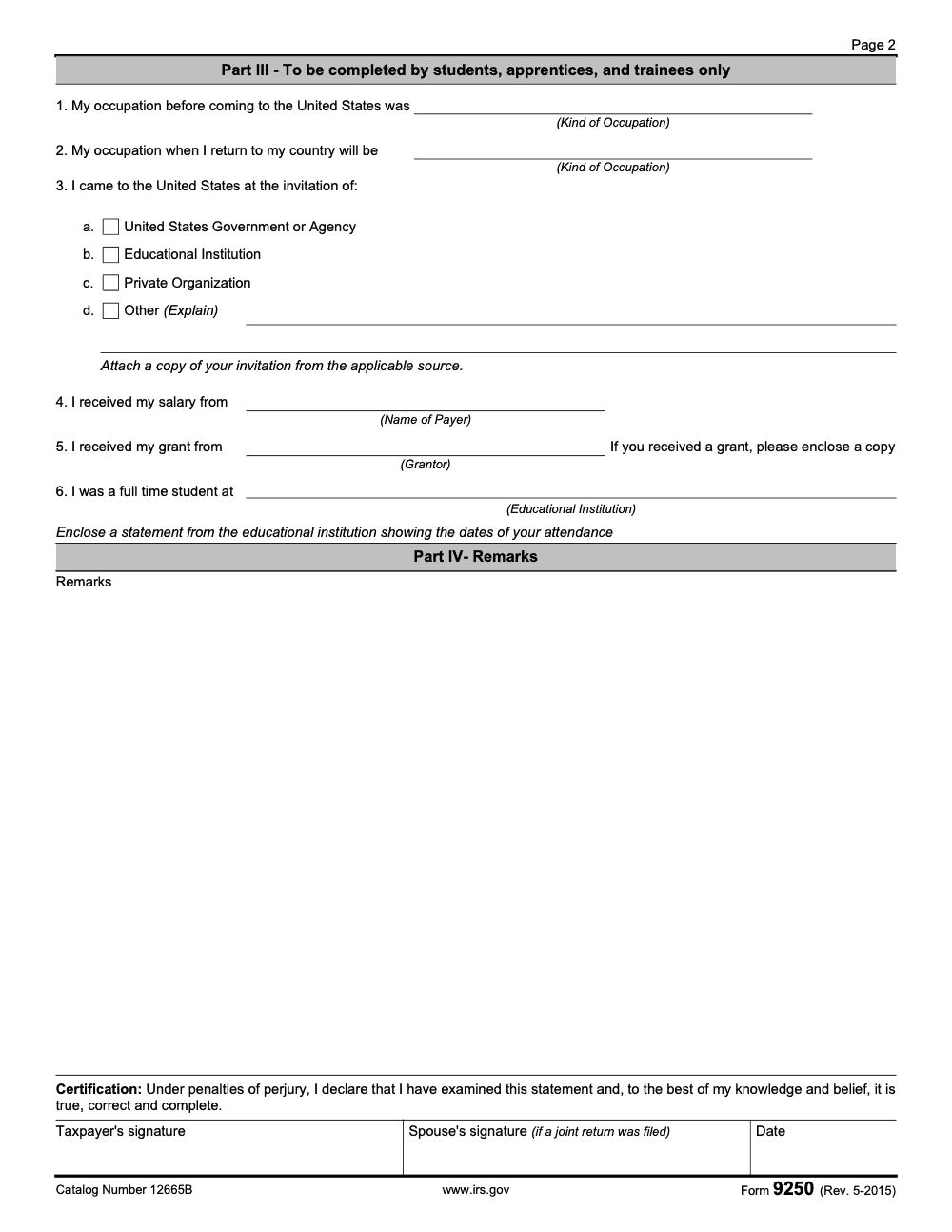 Page 2 of 2 of the official IRS Form 9250 PDF (Rev. May 2015): Parts III, IV