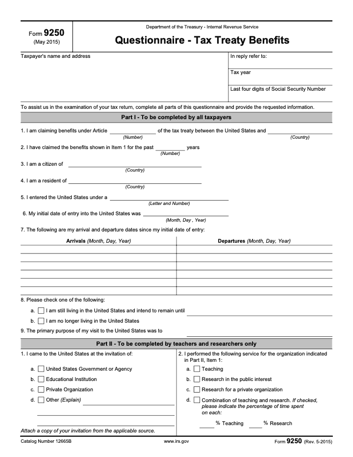 Page 1 of 2 of the official IRS Form 9250 PDF (Rev. May 2015): Parts I, II