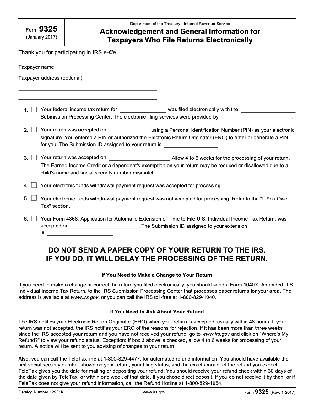 Page 1 of 2 of the official IRS Form 9325 PDF (Rev. January 2017)