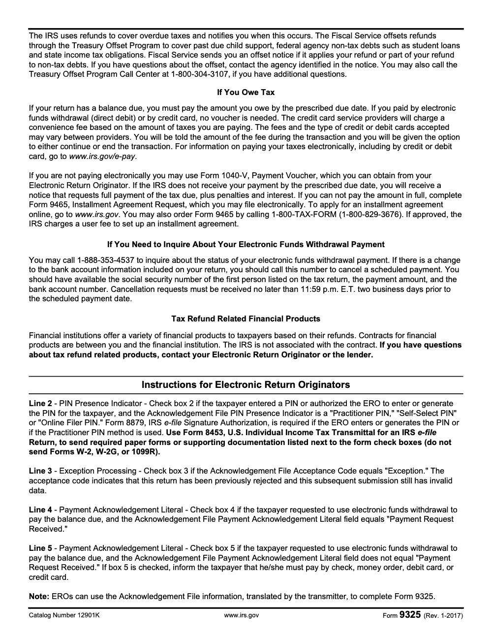 Page 2 of 2 of the official IRS Form 9325 PDF (Rev. January 2017): payment voucher