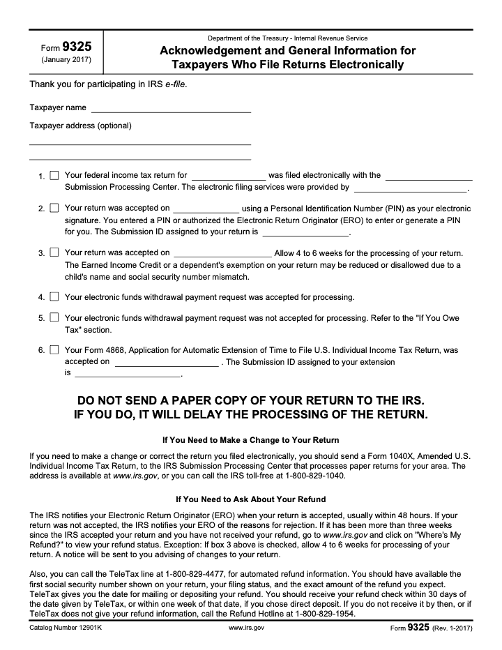 Page 1 of 2 of the official IRS Form 9325 PDF (Rev. January 2017)