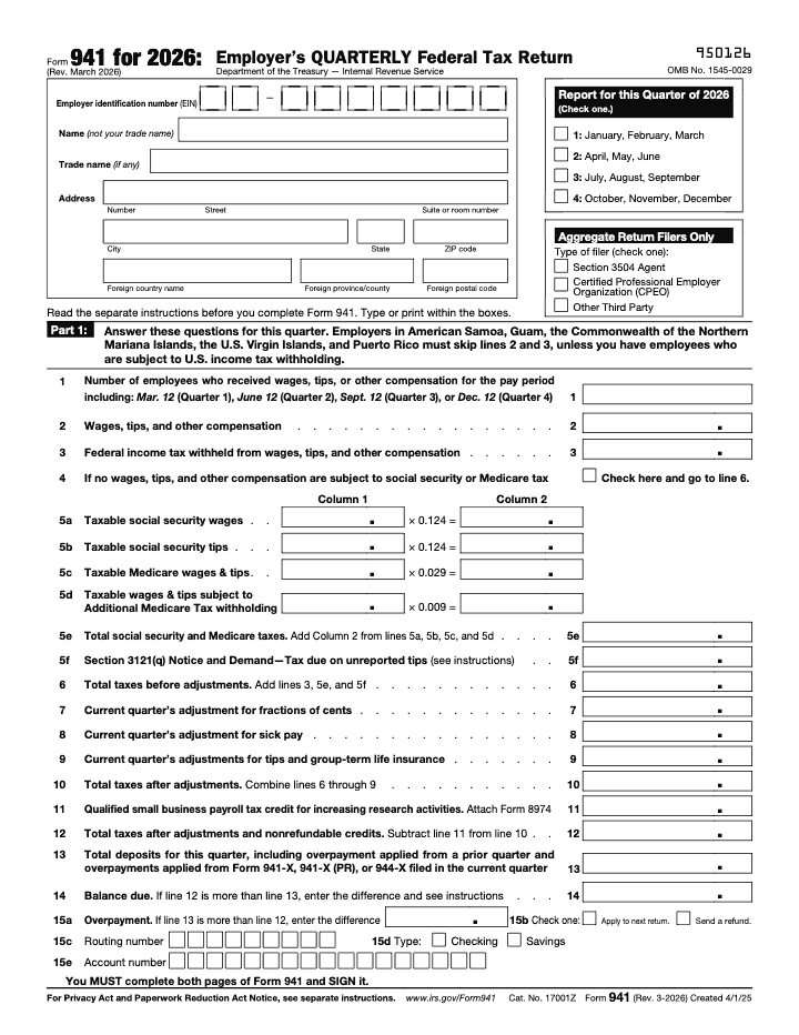 First page of the official IRS Form 941 PDF