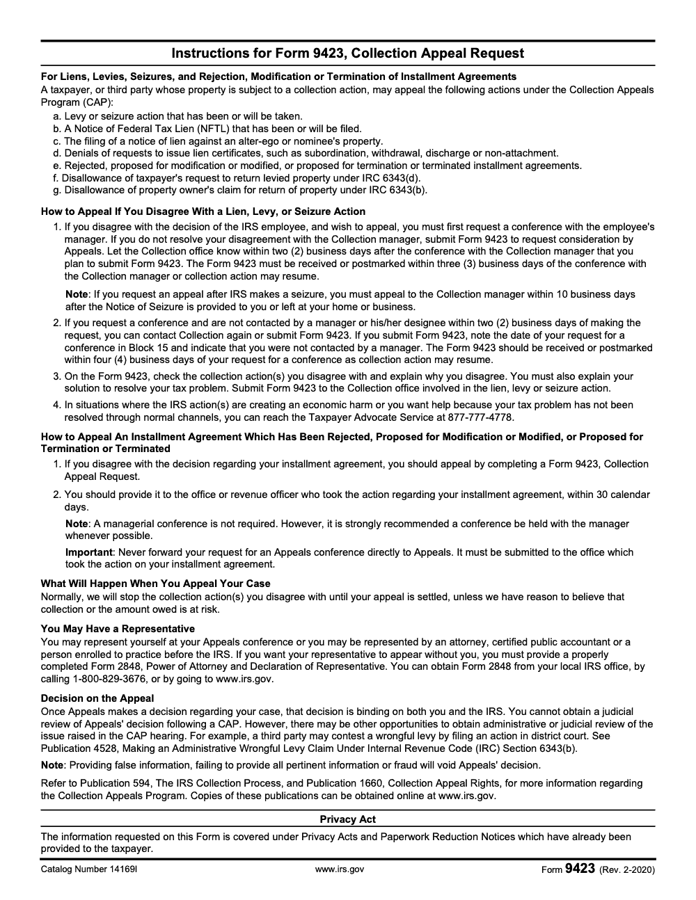 Page 2 of 2 of the official IRS Form 9423 PDF (Rev. February 2020)