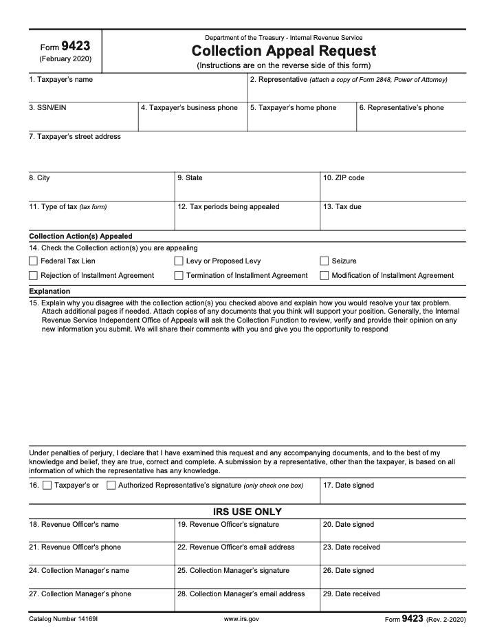 Page 1 of 2 of the official IRS Form 9423 PDF (Rev. February 2020)