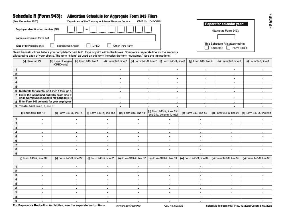 Page 1 of 2 of the official IRS Form 943 Schedule R PDF (Rev. December 2025)