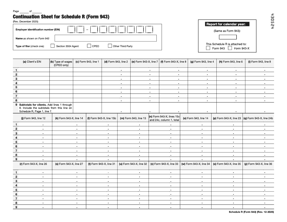 Page 2 of 2 of the official IRS Form 943 Schedule R PDF (Rev. December 2025)