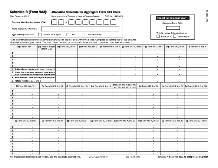 Page 1 of 2 of the official IRS Form 943 Schedule R PDF (Rev. December 2025)
