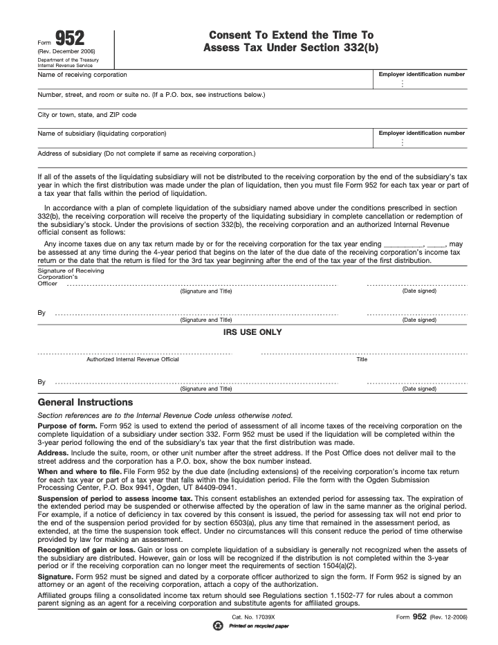Page 1 of 1 of the official IRS Form 952 PDF (Rev. December 2006): instructions