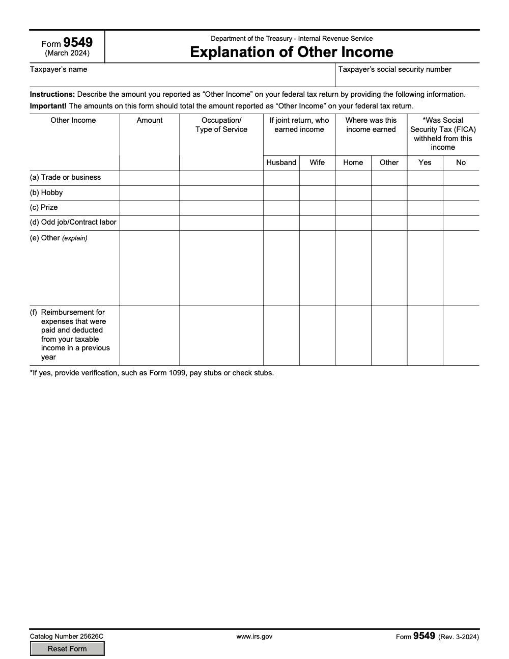 Page 1 of 1 of the official IRS Form 9549 PDF (Rev. March 2024)
