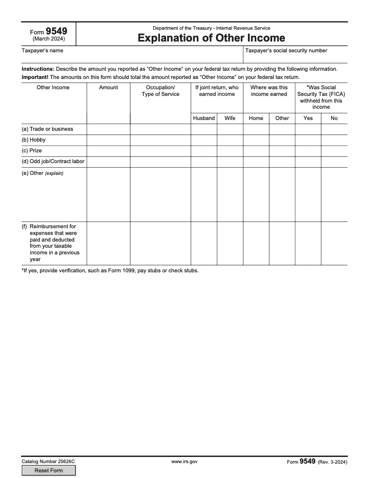 Page 1 of 1 of the official IRS Form 9549 PDF (Rev. March 2024)