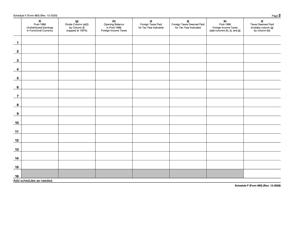 Page 2 of 2 of the official IRS Form 965 (Schedule F) Guide PDF (Rev. December 2020)