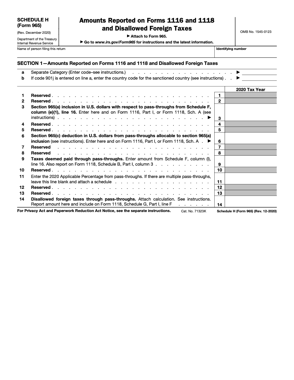 Page 1 of 1 of the official IRS Form 965 (Schedule H) PDF (Rev. December 2020): Part I