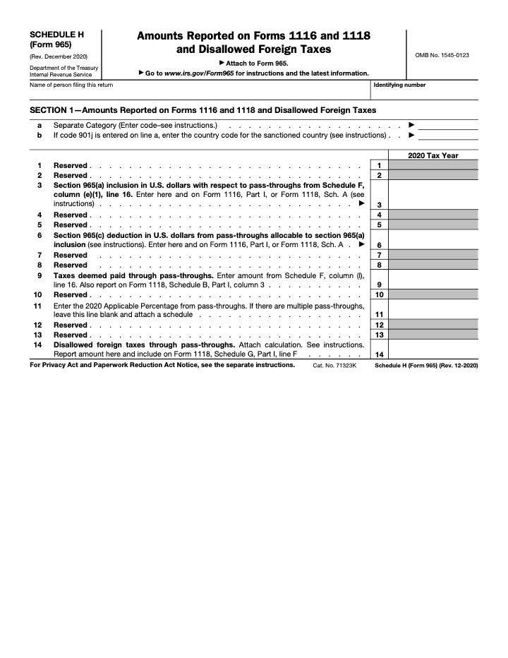 Page 1 of 1 of the official IRS Form 965 (Schedule H) PDF (Rev. December 2020): Part I