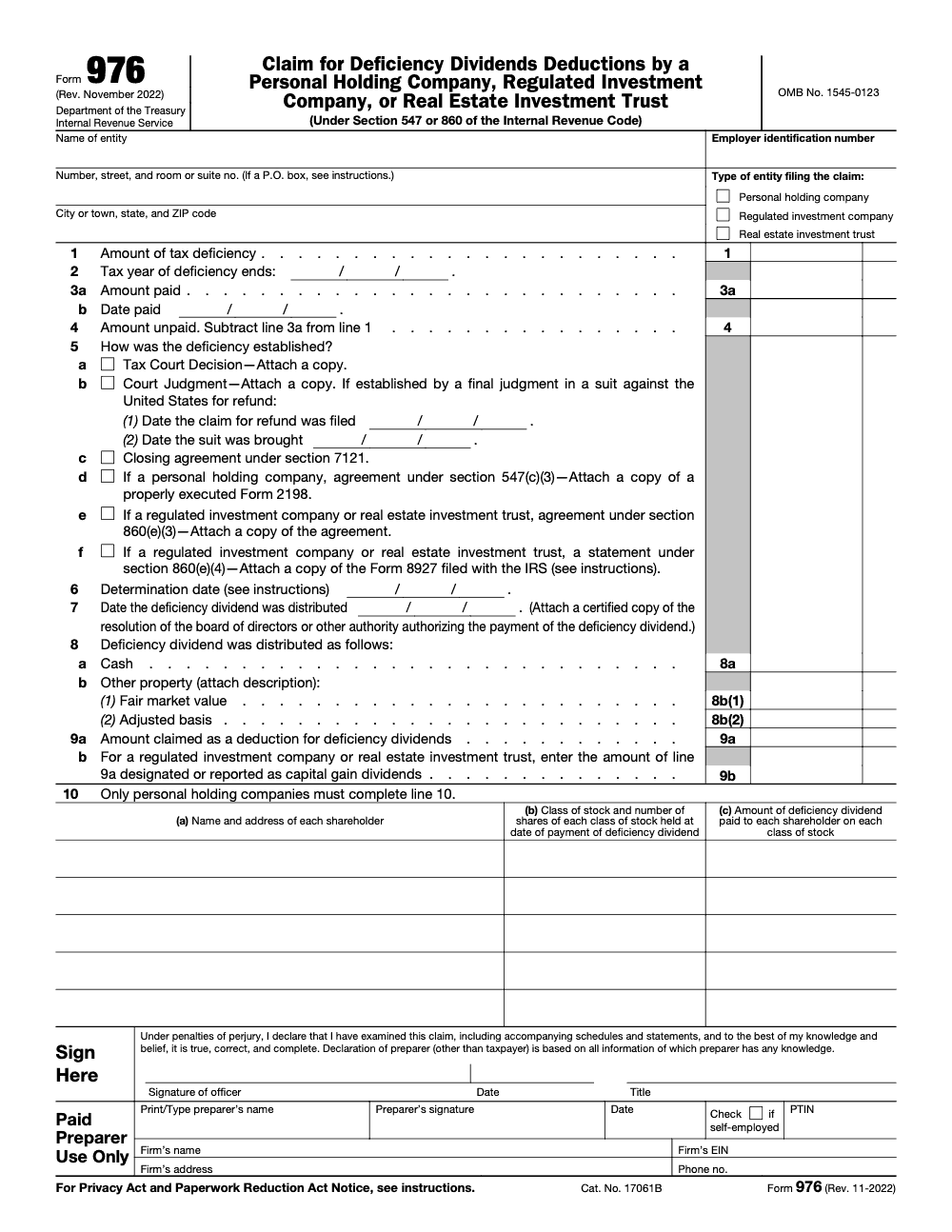 Page 1 of 2 of the official IRS Form 976 PDF (Rev. November 2022)