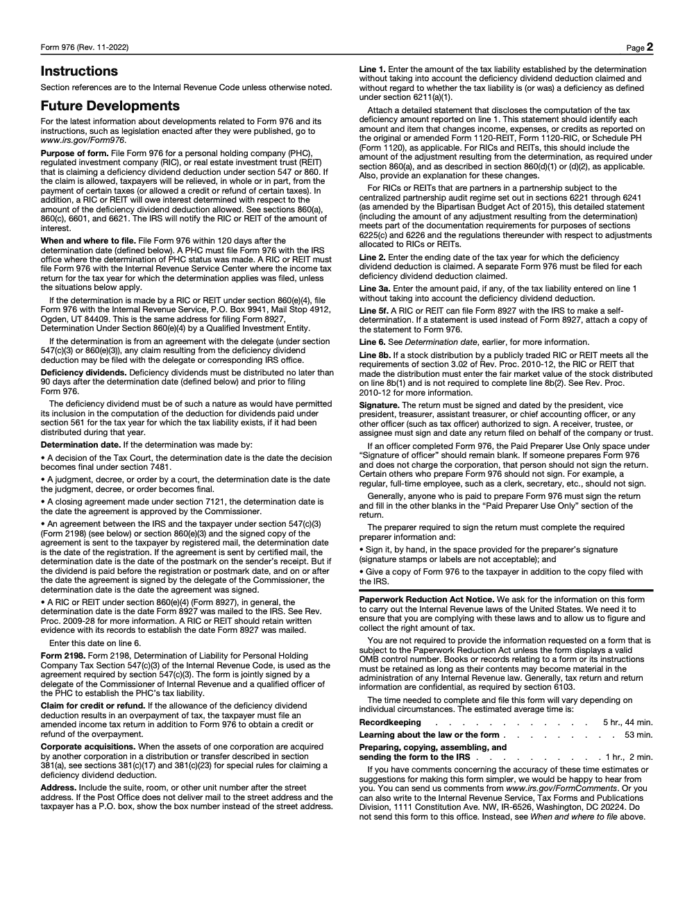 Page 2 of 2 of the official IRS Form 976 PDF (Rev. November 2022)