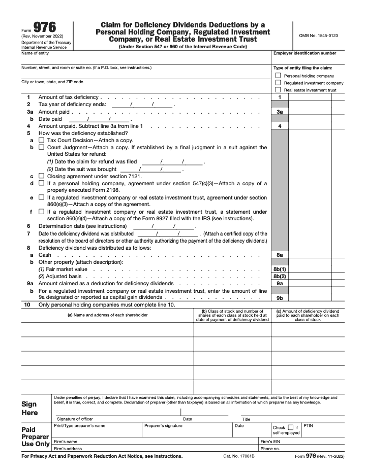 Page 1 of 2 of the official IRS Form 976 PDF (Rev. November 2022)