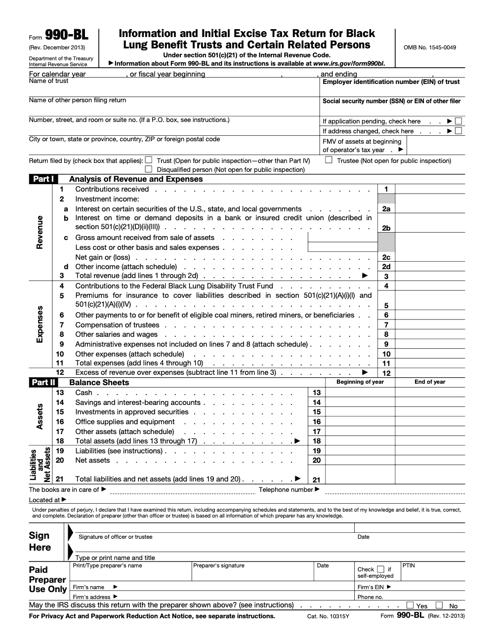 Page 1 of 3 of the official IRS Form 990-BL PDF (Rev. December 2013): Parts IV, I